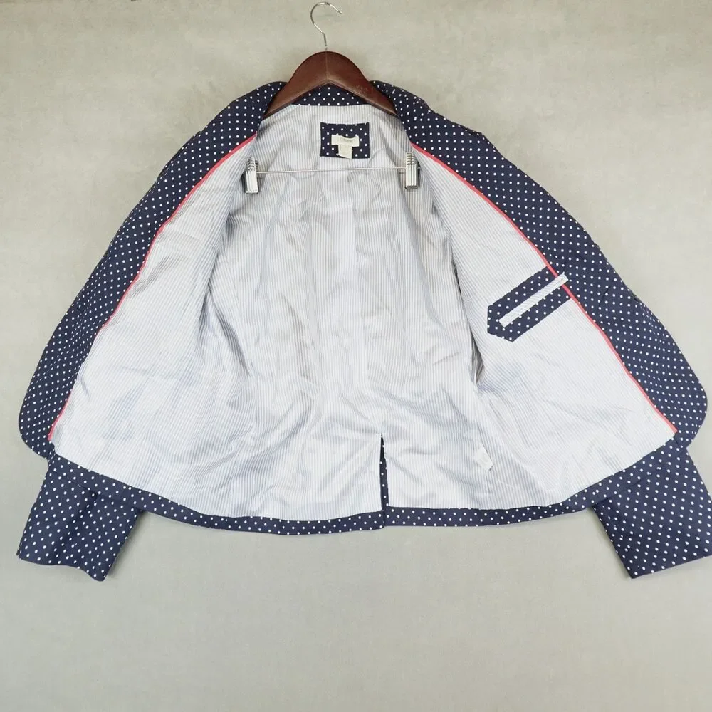 J Crew Schoolboy Blazer Linen Blend Jacket Polka Dots White Navy Women Size 12